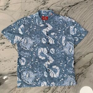 Woody's Retro Lounge Mens XL‎ Hawaiian Shirt Blue Floral Tropical Button Up